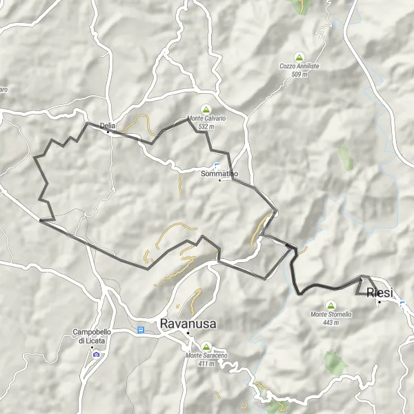 Map miniature of "Riesi to Monte Giarratano Loop" cycling inspiration in Sicilia, Italy. Generated by Tarmacs.app cycling route planner