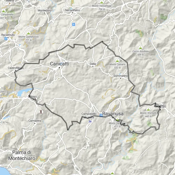 Miniatura della mappa di ispirazione al ciclismo "Giro in bici da Riesi a Monte Galluzzo" nella regione di Sicilia, Italy. Generata da Tarmacs.app, pianificatore di rotte ciclistiche