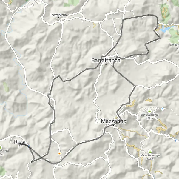 Miniatura della mappa di ispirazione al ciclismo "Giro in bici da Riesi a Monte Cardai" nella regione di Sicilia, Italy. Generata da Tarmacs.app, pianificatore di rotte ciclistiche