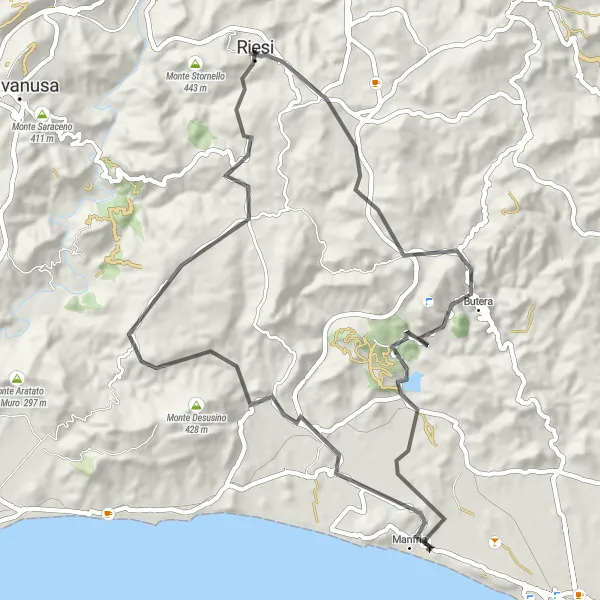 Map miniature of "Butera - Riesi" cycling inspiration in Sicilia, Italy. Generated by Tarmacs.app cycling route planner