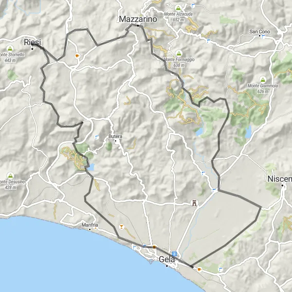 Miniatura della mappa di ispirazione al ciclismo "Giro in bicicletta strada da Riesi" nella regione di Sicilia, Italy. Generata da Tarmacs.app, pianificatore di rotte ciclistiche
