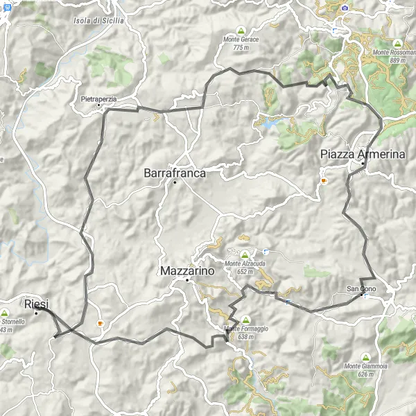 Miniatura della mappa di ispirazione al ciclismo "Giro in bici da Riesi a Monte Judeca" nella regione di Sicilia, Italy. Generata da Tarmacs.app, pianificatore di rotte ciclistiche
