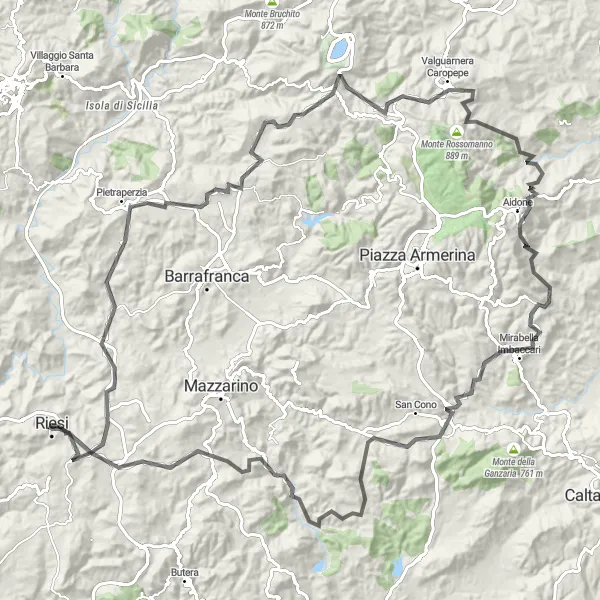 Miniatura della mappa di ispirazione al ciclismo "Giro in bicicletta verso il Monte Castellazzo" nella regione di Sicilia, Italy. Generata da Tarmacs.app, pianificatore di rotte ciclistiche