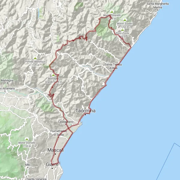 Map miniature of "Gravel Adventure to Taormina" cycling inspiration in Sicilia, Italy. Generated by Tarmacs.app cycling route planner