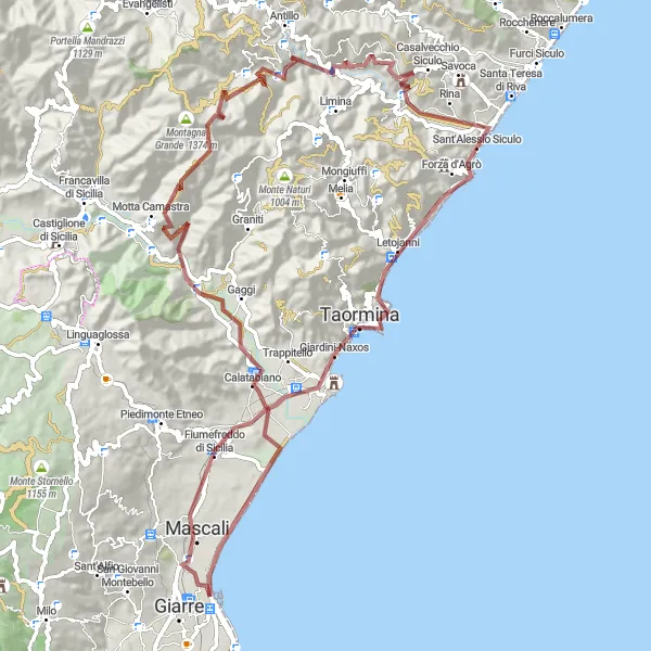 Miniatura della mappa di ispirazione al ciclismo "Avventuroso percorso in bicicletta su sterrato da Gaggi a Riposto" nella regione di Sicilia, Italy. Generata da Tarmacs.app, pianificatore di rotte ciclistiche