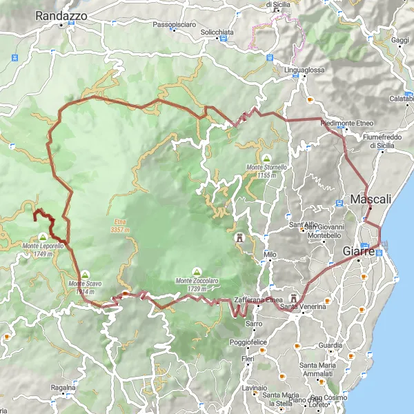 Miniatura della mappa di ispirazione al ciclismo "Percorso gravel da Riposto a Piedimonte Etneo" nella regione di Sicilia, Italy. Generata da Tarmacs.app, pianificatore di rotte ciclistiche