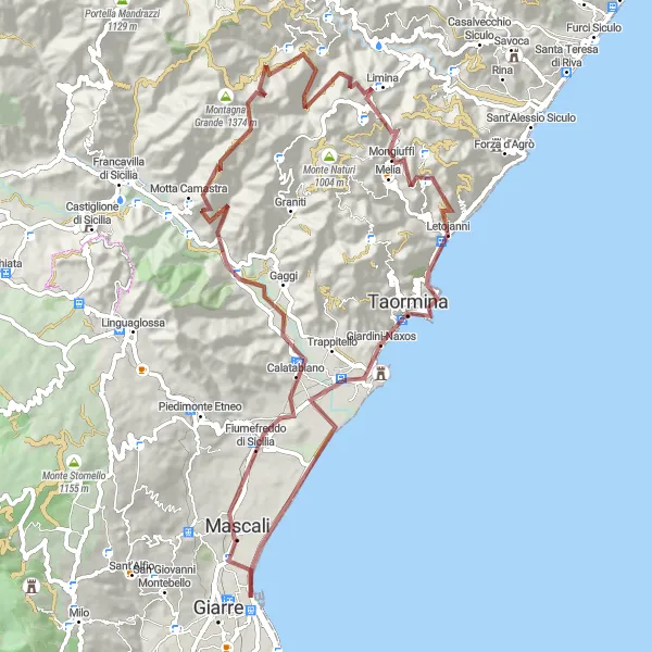 Miniatura della mappa di ispirazione al ciclismo "Percorso ciclabile gravel da Riposto a Fiumefreddo di Sicilia" nella regione di Sicilia, Italy. Generata da Tarmacs.app, pianificatore di rotte ciclistiche