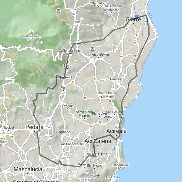 Miniatura della mappa di ispirazione al ciclismo "Giro in bicicletta da Riposto a Zafferana Etnea" nella regione di Sicilia, Italy. Generata da Tarmacs.app, pianificatore di rotte ciclistiche