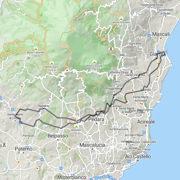 Miniatura della mappa di ispirazione al ciclismo "Scopri la magia dei Monti Rossi in bici" nella regione di Sicilia, Italy. Generata da Tarmacs.app, pianificatore di rotte ciclistiche