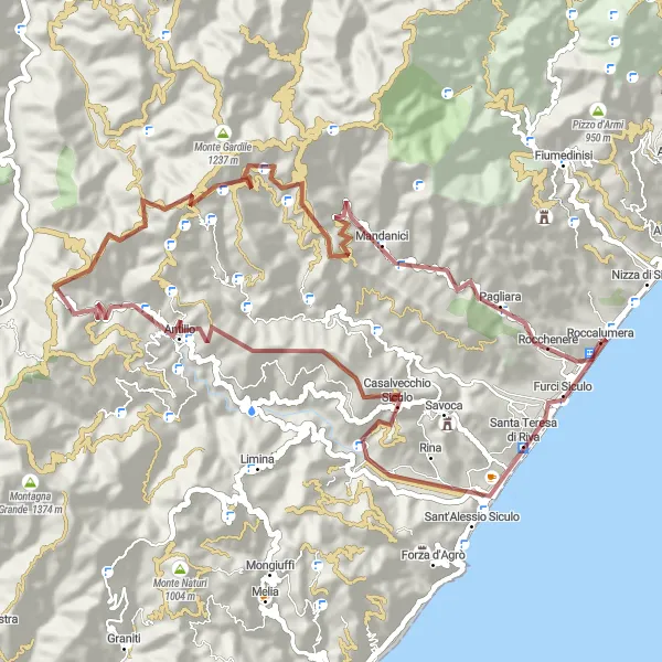 Map miniature of "Sant'Alessio Siculo to Mandanici Gravel Route" cycling inspiration in Sicilia, Italy. Generated by Tarmacs.app cycling route planner