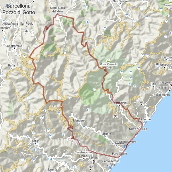 Map miniature of "Furci Siculo to Nizza di Sicilia Gravel Route" cycling inspiration in Sicilia, Italy. Generated by Tarmacs.app cycling route planner