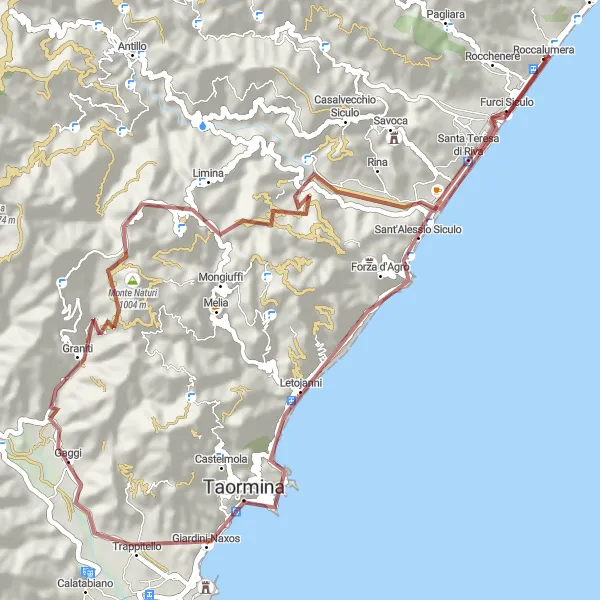 Miniatura della mappa di ispirazione al ciclismo "Tour in bicicletta tra Sant'Alessio Siculo e Taormina" nella regione di Sicilia, Italy. Generata da Tarmacs.app, pianificatore di rotte ciclistiche