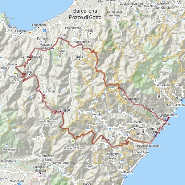 Map miniature of "Gravel Adventure through Sicilia" cycling inspiration in Sicilia, Italy. Generated by Tarmacs.app cycling route planner