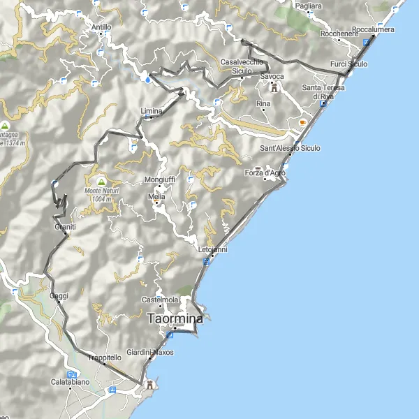Miniatura della mappa di ispirazione al ciclismo "Giro in bici verso Monte Pietrabianca e Letojanni" nella regione di Sicilia, Italy. Generata da Tarmacs.app, pianificatore di rotte ciclistiche