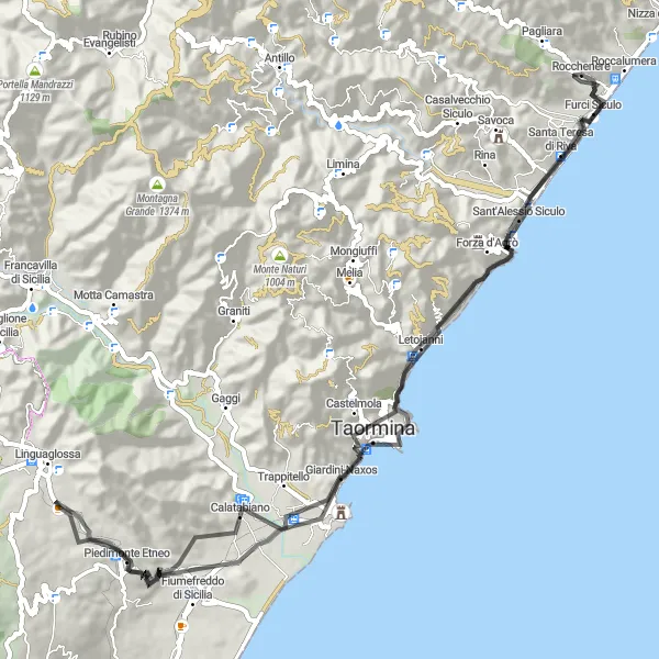Map miniature of "The Coastal Exploration" cycling inspiration in Sicilia, Italy. Generated by Tarmacs.app cycling route planner