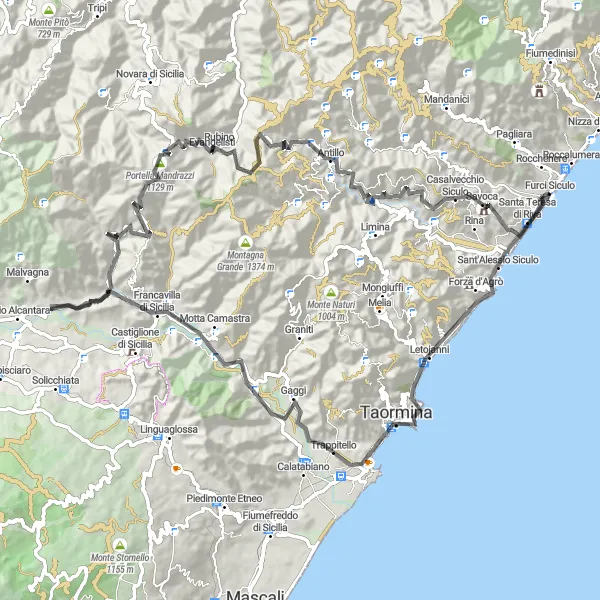 Miniatura della mappa di ispirazione al ciclismo "Tour ciclistico tra Sant'Alessio Siculo e Savoca" nella regione di Sicilia, Italy. Generata da Tarmacs.app, pianificatore di rotte ciclistiche