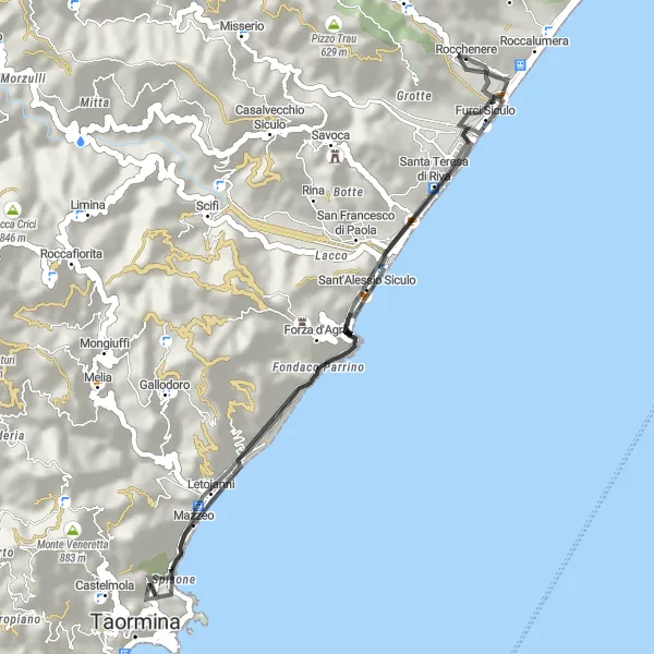 Miniatura della mappa di ispirazione al ciclismo "Giro in bicicletta della Costa Ionica" nella regione di Sicilia, Italy. Generata da Tarmacs.app, pianificatore di rotte ciclistiche