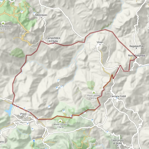 Miniatura della mappa di ispirazione al ciclismo "Esplorazione delle colline di Roccapalumba e Monte Carcaci in Gravel" nella regione di Sicilia, Italy. Generata da Tarmacs.app, pianificatore di rotte ciclistiche