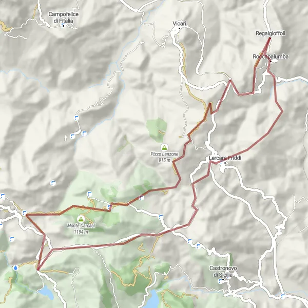 Miniatura della mappa di ispirazione al ciclismo "Giro in bicicletta intorno a Roccapalumba" nella regione di Sicilia, Italy. Generata da Tarmacs.app, pianificatore di rotte ciclistiche