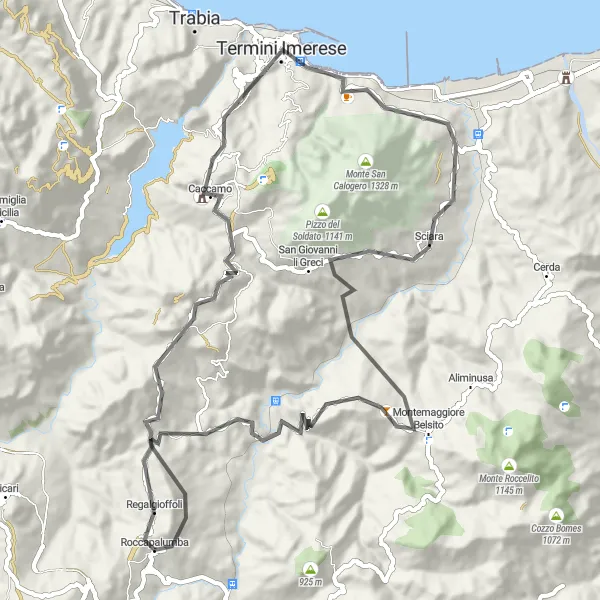 Miniatura della mappa di ispirazione al ciclismo "Scopri la Sicilia: Roccapalumba - Monte Scardilla" nella regione di Sicilia, Italy. Generata da Tarmacs.app, pianificatore di rotte ciclistiche