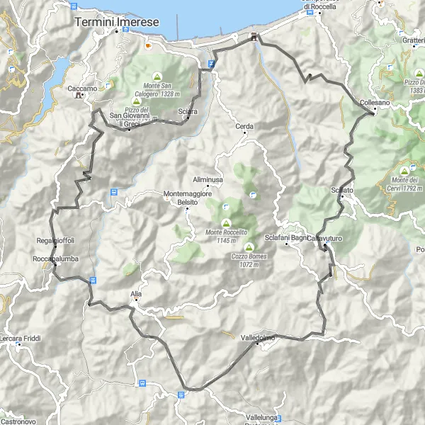 Miniatura della mappa di ispirazione al ciclismo "Avventura su due ruote: Roccapalumba - Alia" nella regione di Sicilia, Italy. Generata da Tarmacs.app, pianificatore di rotte ciclistiche