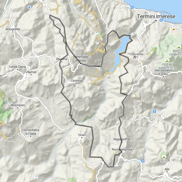 Map miniature of "Scenic Road Tour near Roccapalumba" cycling inspiration in Sicilia, Italy. Generated by Tarmacs.app cycling route planner