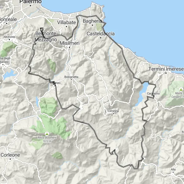 Miniatura della mappa di ispirazione al ciclismo "Giro in bicicletta verso Belmonte Mezzagno e Caccamo" nella regione di Sicilia, Italy. Generata da Tarmacs.app, pianificatore di rotte ciclistiche