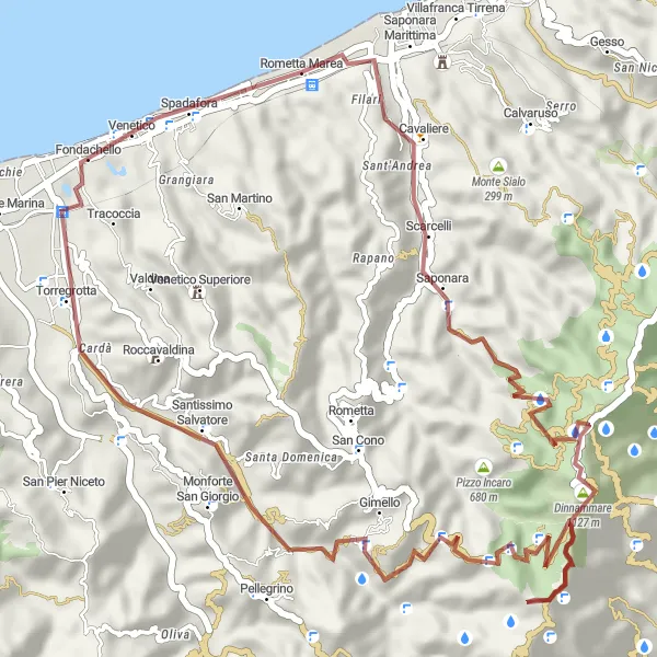 Miniatura della mappa di ispirazione al ciclismo "Scarcelli e Pizzo Leo Morto" nella regione di Sicilia, Italy. Generata da Tarmacs.app, pianificatore di rotte ciclistiche