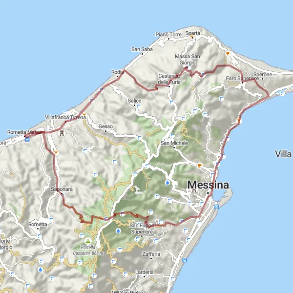 Map miniature of "Gravel Adventure in Rometta Marea" cycling inspiration in Sicilia, Italy. Generated by Tarmacs.app cycling route planner
