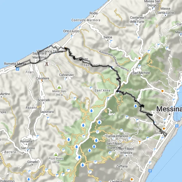 Map miniature of "The Villafranca Tirrena Loop" cycling inspiration in Sicilia, Italy. Generated by Tarmacs.app cycling route planner