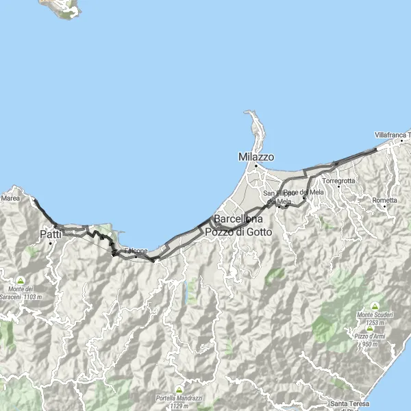 Map miniature of "Road Cycling Expedition near Rometta Marea" cycling inspiration in Sicilia, Italy. Generated by Tarmacs.app cycling route planner