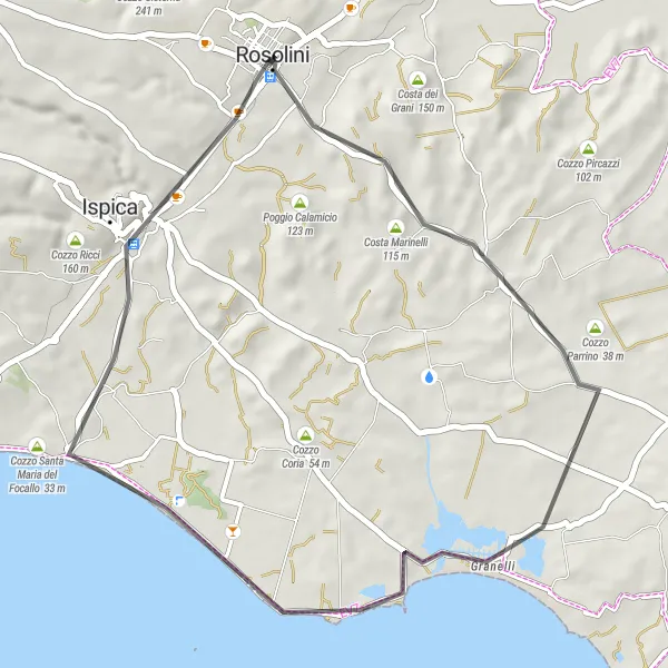 Map miniature of "Rosolini - Timpa di Corvo - Poggio della Naga - Ispica Route" cycling inspiration in Sicilia, Italy. Generated by Tarmacs.app cycling route planner