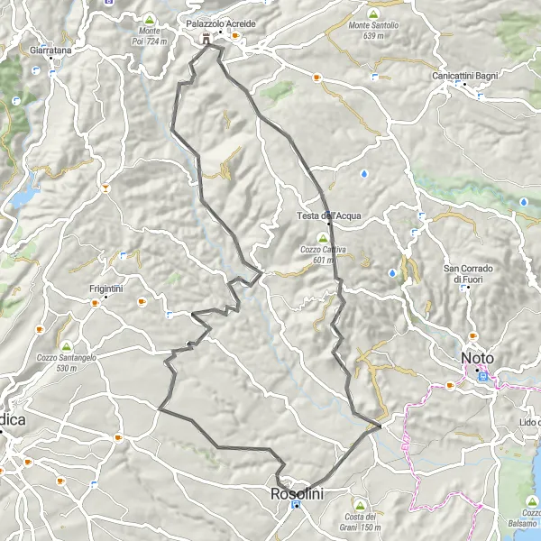 Map miniature of "Rosolini - Cozzo Scalarangio - Cozzo Salonia - Cozzo Furmica - Teatro greco di Arkai - Testa dell'Acqua - Monte Renna - Rosolini Route" cycling inspiration in Sicilia, Italy. Generated by Tarmacs.app cycling route planner