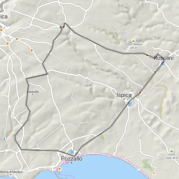 Map miniature of "Rosolini - Poggio Sulla - Ispica - Pozzallo - Grotta di San Nicola - Rosolini Route" cycling inspiration in Sicilia, Italy. Generated by Tarmacs.app cycling route planner