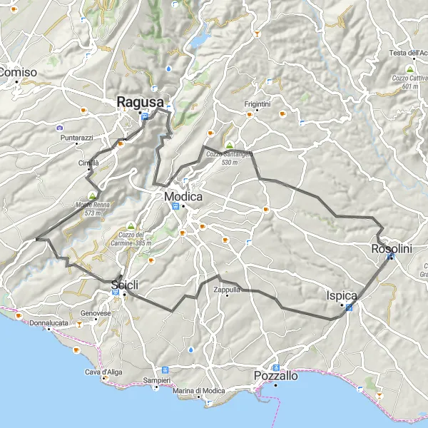 Map miniature of "Cycle Route through Poggio Sulla and Ispica" cycling inspiration in Sicilia, Italy. Generated by Tarmacs.app cycling route planner