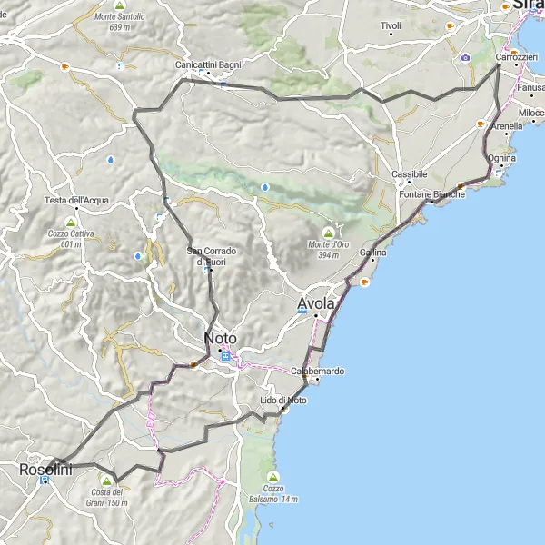 Miniatura della mappa di ispirazione al ciclismo "La bellezza di Noto e della Costa dei Grani" nella regione di Sicilia, Italy. Generata da Tarmacs.app, pianificatore di rotte ciclistiche