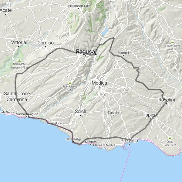 Map miniature of "Cycle The Picturesque Distance of Pozzallo and Ragusa" cycling inspiration in Sicilia, Italy. Generated by Tarmacs.app cycling route planner