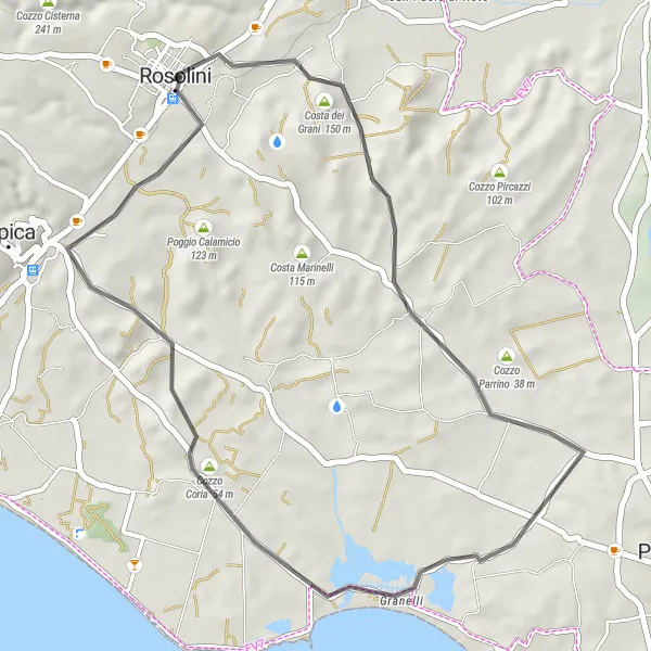 Miniatura della mappa di ispirazione al ciclismo "Tour della Costa dei Grani" nella regione di Sicilia, Italy. Generata da Tarmacs.app, pianificatore di rotte ciclistiche
