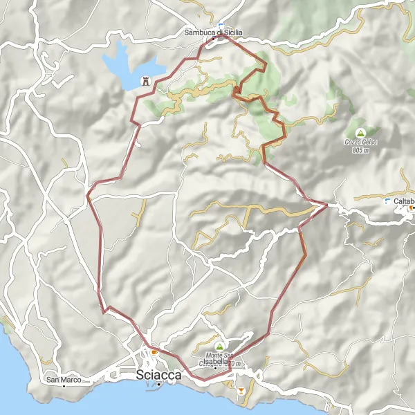 Map miniature of "Exploring the Gravel Paths of Sambuca di Sicilia" cycling inspiration in Sicilia, Italy. Generated by Tarmacs.app cycling route planner