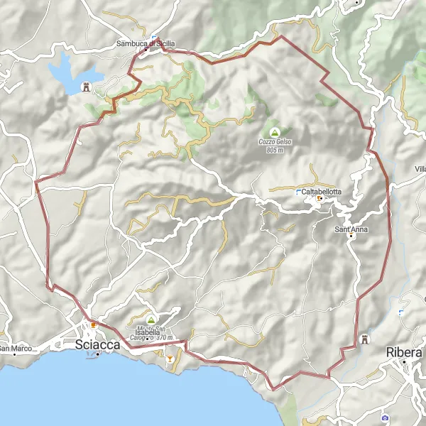 Map miniature of "Scenic Tour of Sambuca di Sicilia" cycling inspiration in Sicilia, Italy. Generated by Tarmacs.app cycling route planner