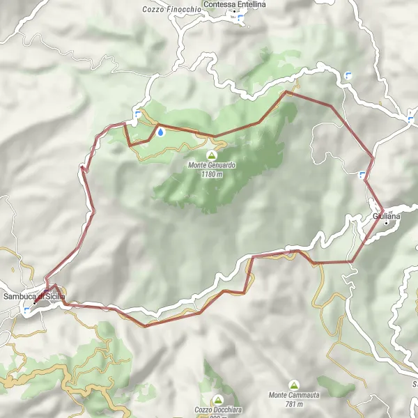 Map miniature of "Short and Challenging Gravel Ride near Sambuca di Sicilia" cycling inspiration in Sicilia, Italy. Generated by Tarmacs.app cycling route planner