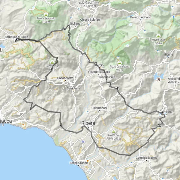 Map miniature of "Journey Through the Hills" cycling inspiration in Sicilia, Italy. Generated by Tarmacs.app cycling route planner