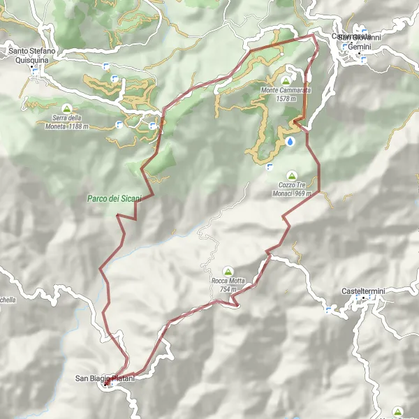 Miniatura della mappa di ispirazione al ciclismo "Passeggiata in bicicletta verso Rocca Agliastro" nella regione di Sicilia, Italy. Generata da Tarmacs.app, pianificatore di rotte ciclistiche