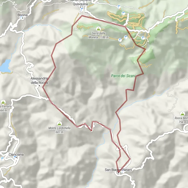Miniatura della mappa di ispirazione al ciclismo "Esplorazione in gravèl tra le colline siciliane" nella regione di Sicilia, Italy. Generata da Tarmacs.app, pianificatore di rotte ciclistiche