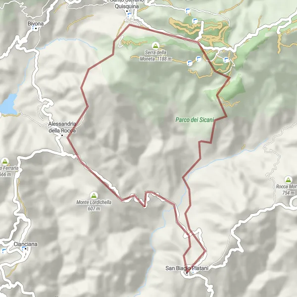 Map miniature of "Exploring Serra della Moneta by Gravel" cycling inspiration in Sicilia, Italy. Generated by Tarmacs.app cycling route planner