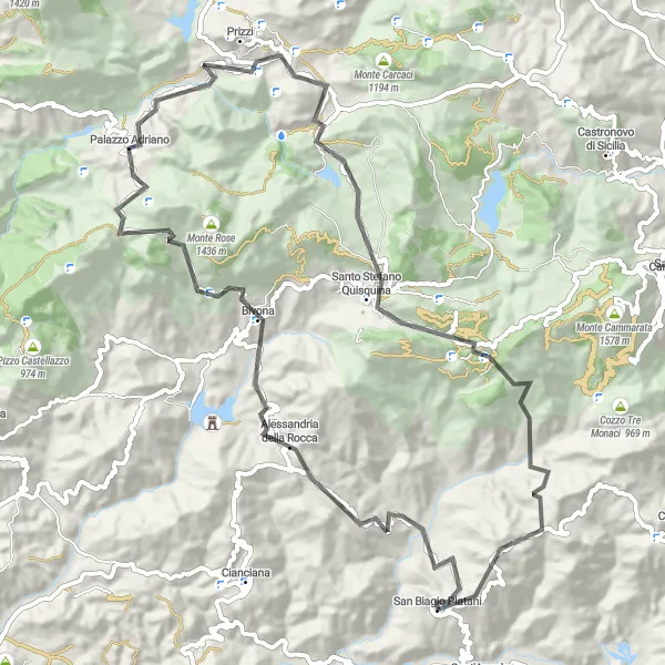 Miniatura della mappa di ispirazione al ciclismo "Avventura in bicicletta tra le colline siciliane" nella regione di Sicilia, Italy. Generata da Tarmacs.app, pianificatore di rotte ciclistiche