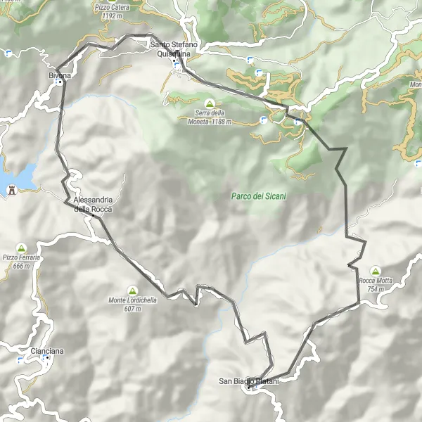 Map miniature of "Santo Stefano Quisquina Circuit" cycling inspiration in Sicilia, Italy. Generated by Tarmacs.app cycling route planner