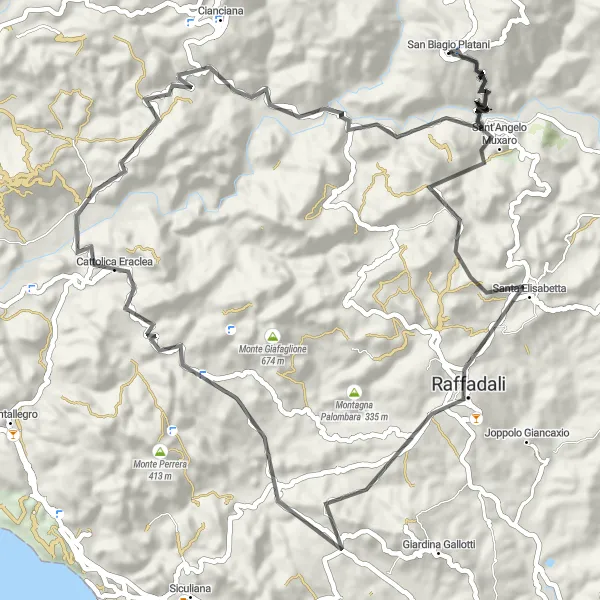Miniatura della mappa di ispirazione al ciclismo "Alla Scoperta delle Montagne Siciliane in Bicicletta" nella regione di Sicilia, Italy. Generata da Tarmacs.app, pianificatore di rotte ciclistiche