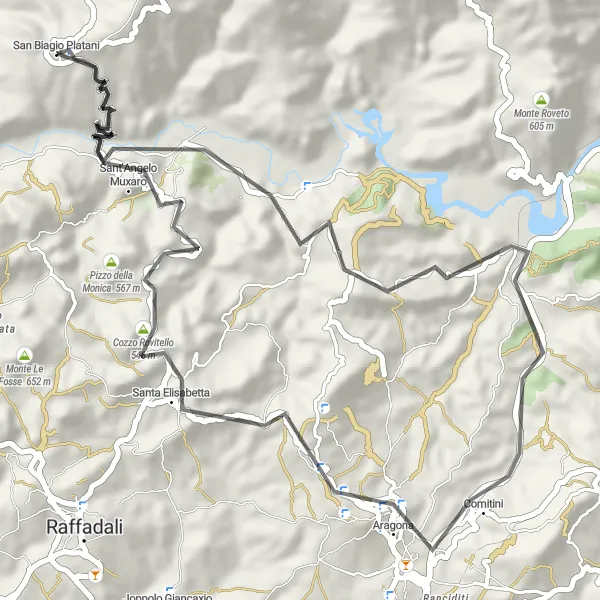 Miniatura della mappa di ispirazione al ciclismo "Circuito in bicicletta attraverso le colline della Sicilia" nella regione di Sicilia, Italy. Generata da Tarmacs.app, pianificatore di rotte ciclistiche