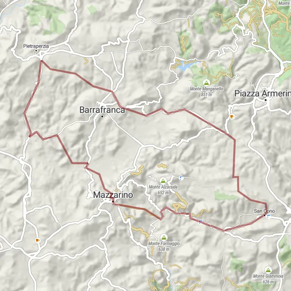 Miniatura della mappa di ispirazione al ciclismo "Giro in bicicletta da San Cono a Rocche di Gropazzi" nella regione di Sicilia, Italy. Generata da Tarmacs.app, pianificatore di rotte ciclistiche